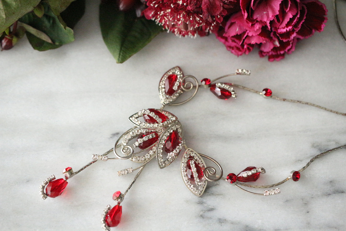 復古 Collier La de Coup Papillon Strass Rouge