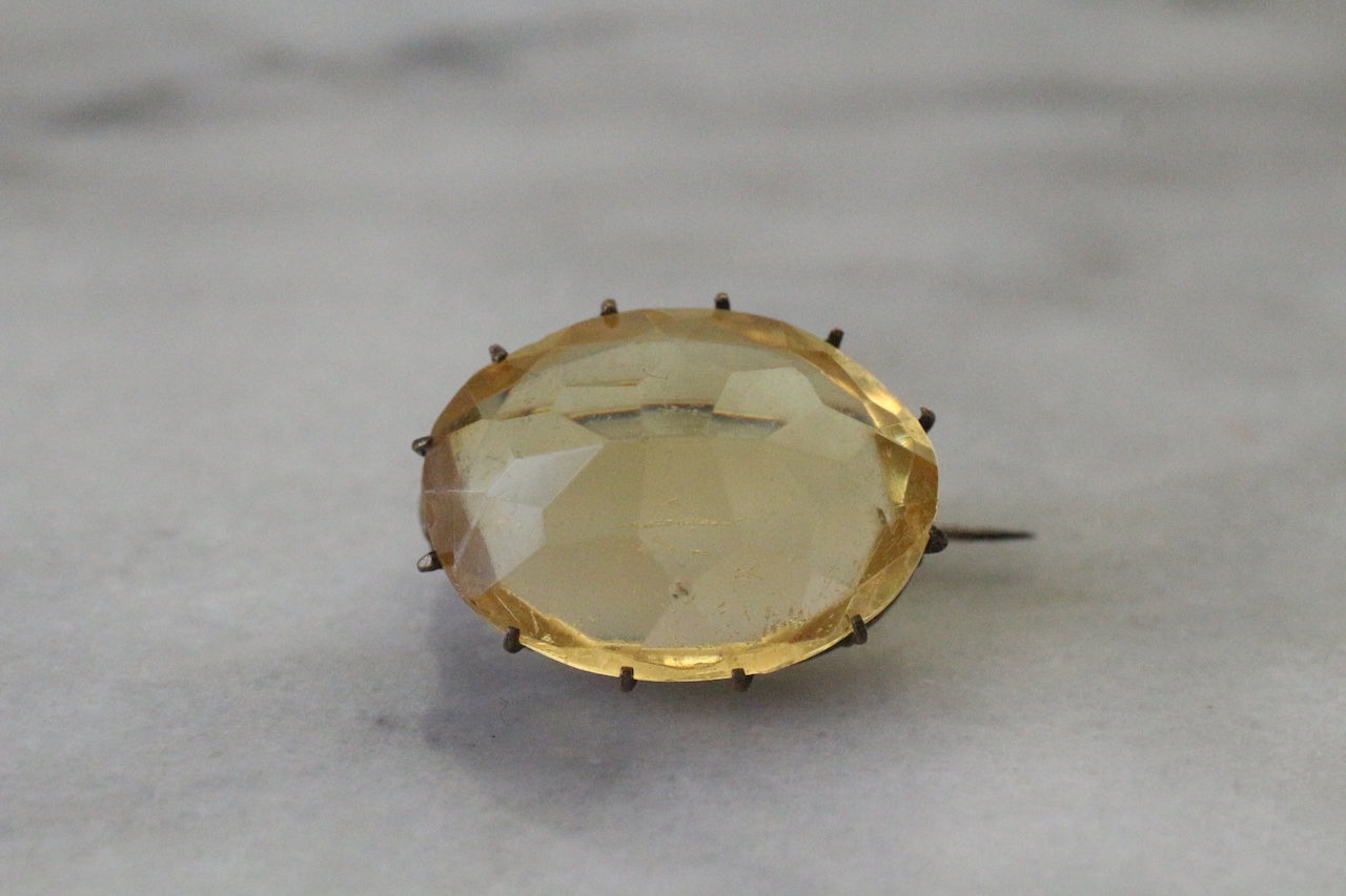 Antique Victorian Yellow Citrine Glass Faceted Oval Brooch Pin