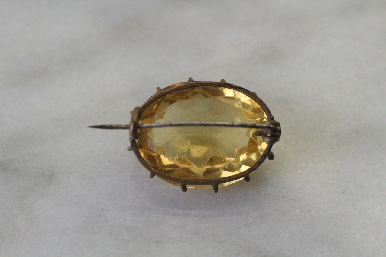 Antique Victorian Yellow Citrine Glass Faceted Oval Brooch Pin