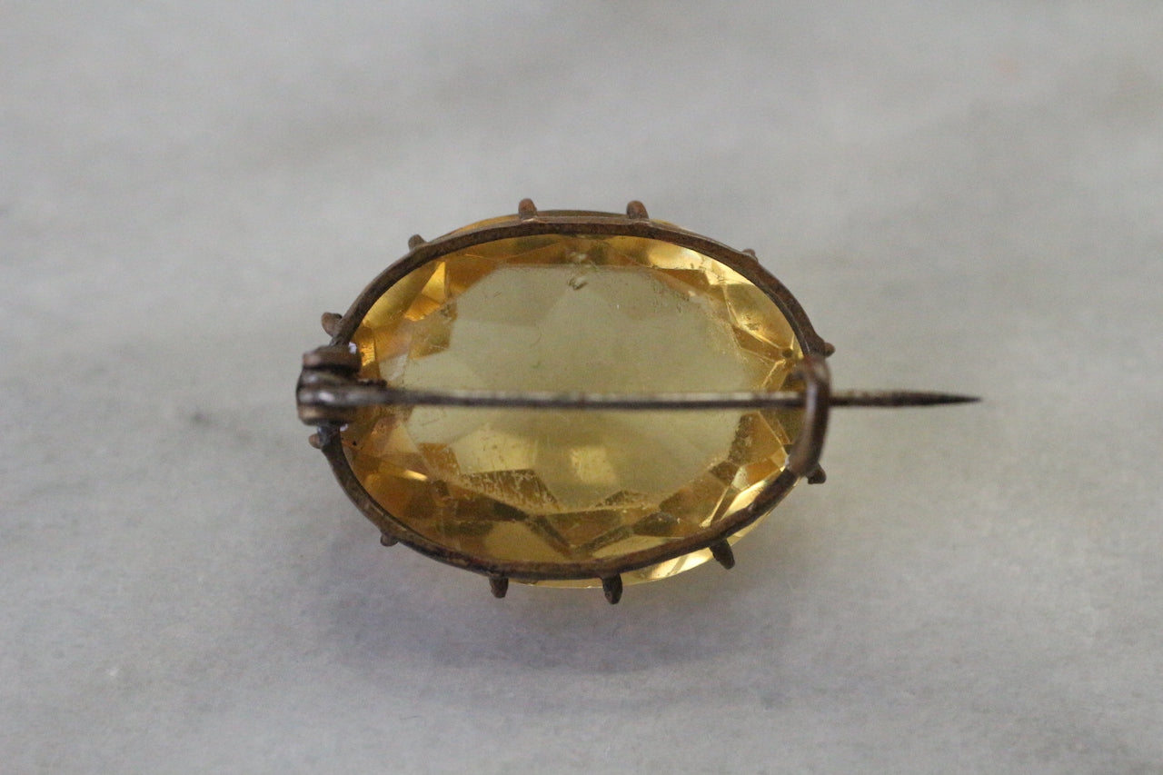 Antique Victorian Yellow Citrine Glass Faceted Oval Brooch Pin