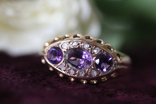 1916 年古董 9 克拉玫瑰金鑽石和紫水晶戒指（全英文印記）